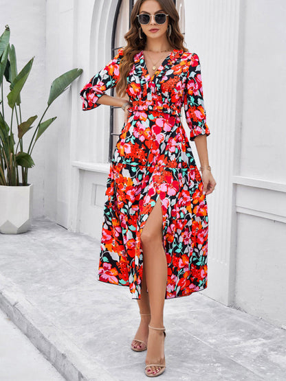 Floral Dresses- Cocktail Attire V-Neck Floral Dress with 3/4 Sleeves and Slit- - IndioGear Fashion and Gear