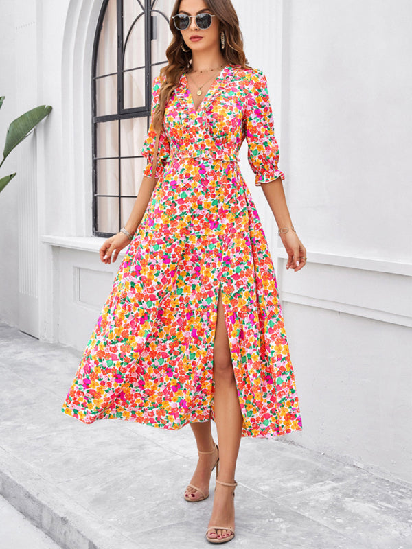 Floral Dresses- Cocktail Attire V-Neck Floral Dress with 3/4 Sleeves and Slit- - IndioGear Fashion and Gear