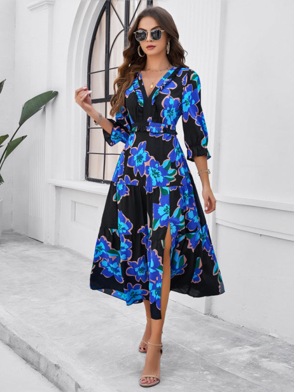 Floral Dresses- Cocktail Attire V-Neck Floral Dress with 3/4 Sleeves and Slit- - IndioGear Fashion and Gear