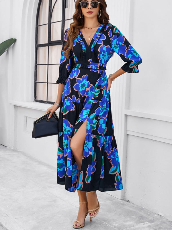 Floral Dresses- Cocktail Attire V-Neck Floral Dress with 3/4 Sleeves and Slit- - IndioGear Fashion and Gear