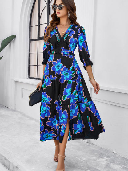 Floral Dresses- Cocktail Attire V-Neck Floral Dress with 3/4 Sleeves and Slit- - IndioGear Fashion and Gear