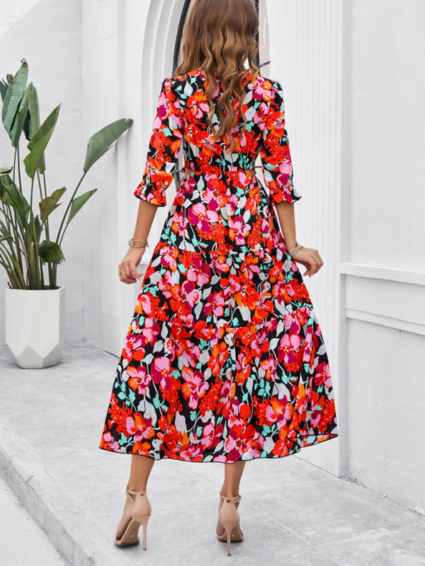 Floral Dresses- Cocktail Attire V-Neck Floral Dress with 3/4 Sleeves and Slit- - IndioGear Fashion and Gear