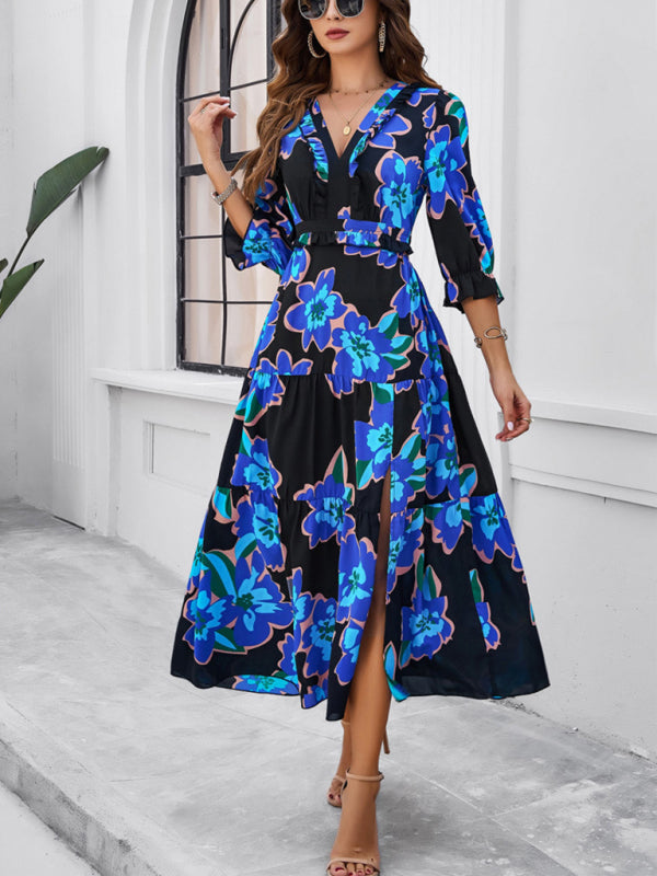 Floral Dresses- Cocktail Attire V-Neck Floral Dress with 3/4 Sleeves and Slit- Black- IndioGear Fashion and Gear