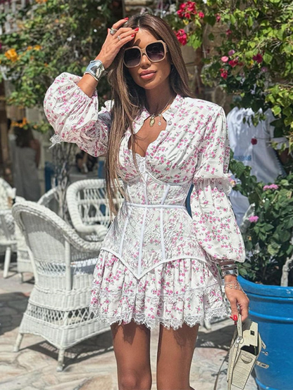 Floral Dresses- Floral Lace Cinched Lace-Up Back Mini Dress with Puff Sleeves- - IndioGear.com