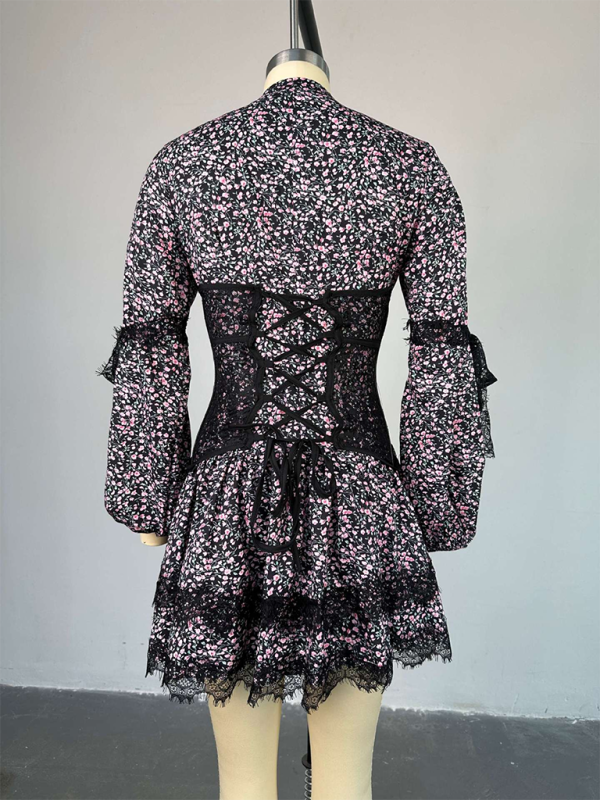 Floral Dresses- Floral Lace Cinched Lace-Up Back Mini Dress with Puff Sleeves- - IndioGear.com