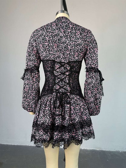 Floral Dresses- Floral Lace Cinched Lace-Up Back Mini Dress with Puff Sleeves- - IndioGear.com