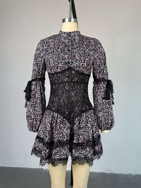 Floral Dresses- Floral Lace Cinched Lace-Up Back Mini Dress with Puff Sleeves- - IndioGear.com