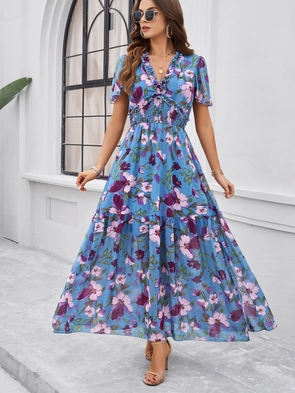 Floral Dresses- Floral V-Neck Midi Dress with Flared Sleeves & Smocked Waist- - IndioGear Fashion and Gear