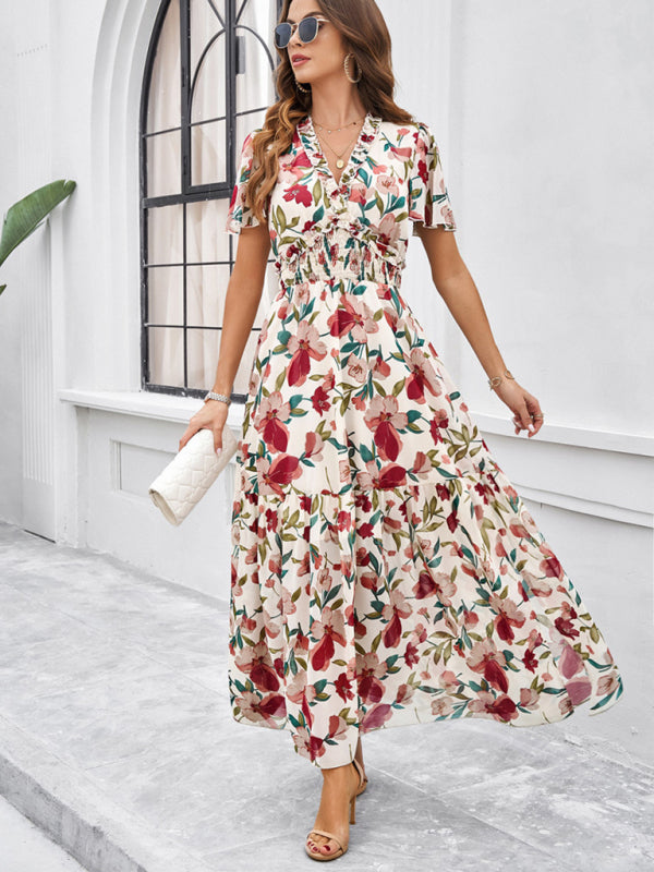 Floral Dresses- Floral V-Neck Midi Dress with Flared Sleeves & Smocked Waist- - IndioGear Fashion and Gear