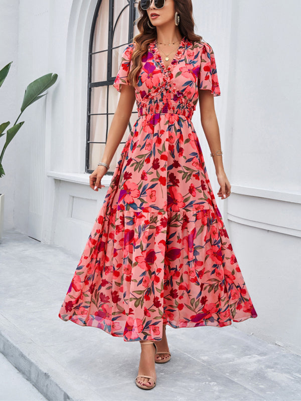 Floral Dresses- Floral V-Neck Midi Dress with Flared Sleeves & Smocked Waist- - IndioGear Fashion and Gear