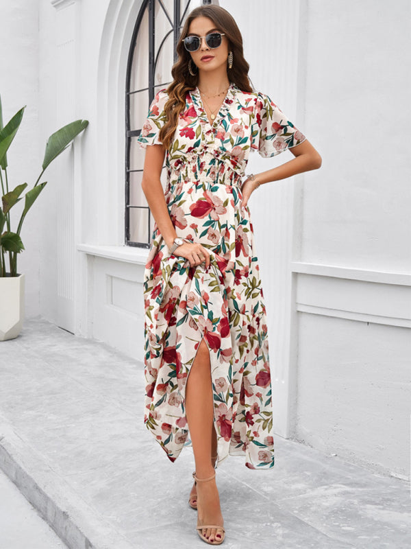 Floral Dresses- Floral V-Neck Midi Dress with Flared Sleeves & Smocked Waist- - IndioGear Fashion and Gear