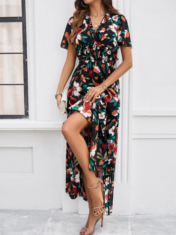 Floral Dresses- Floral V-Neck Midi Dress with Flared Sleeves & Smocked Waist- - IndioGear Fashion and Gear