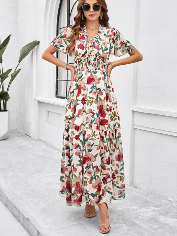 Floral Dresses- Floral V-Neck Midi Dress with Flared Sleeves & Smocked Waist- - IndioGear Fashion and Gear