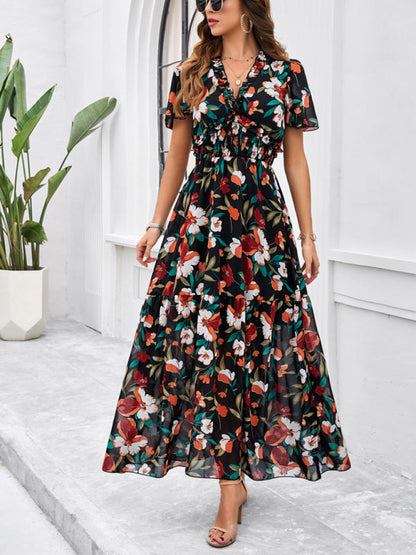 Floral Dresses- Floral V-Neck Midi Dress with Flared Sleeves & Smocked Waist- - IndioGear Fashion and Gear