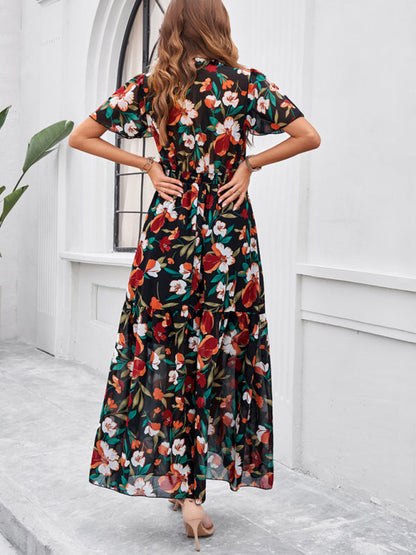 Floral Dresses- Floral V-Neck Midi Dress with Flared Sleeves & Smocked Waist- - IndioGear Fashion and Gear