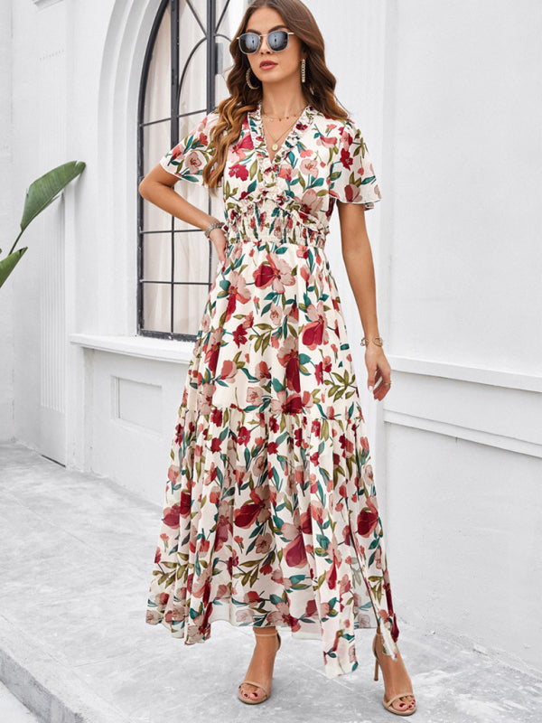 Floral Dresses- Floral V-Neck Midi Dress with Flared Sleeves & Smocked Waist- - IndioGear Fashion and Gear