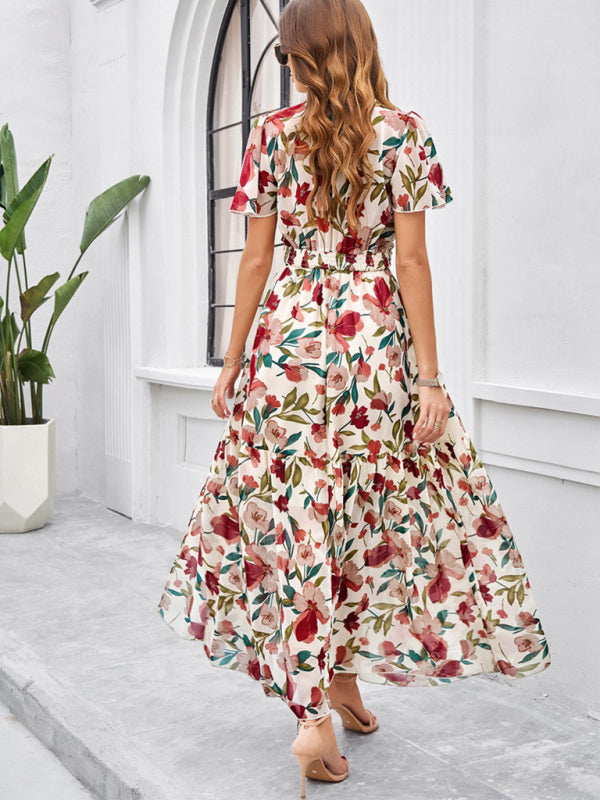 Floral Dresses- Floral V-Neck Midi Dress with Flared Sleeves & Smocked Waist- - IndioGear Fashion and Gear