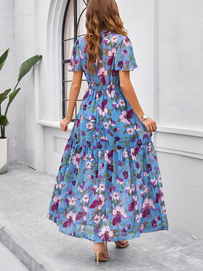 Floral Dresses- Floral V-Neck Midi Dress with Flared Sleeves & Smocked Waist- - IndioGear Fashion and Gear