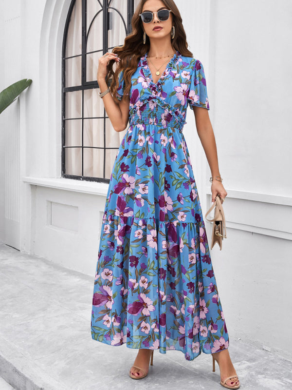 Floral Dresses- Floral V-Neck Midi Dress with Flared Sleeves & Smocked Waist- - IndioGear Fashion and Gear