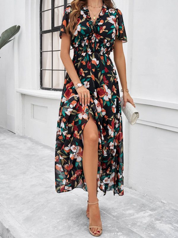 Floral Dresses- Floral V-Neck Midi Dress with Flared Sleeves & Smocked Waist- - IndioGear Fashion and Gear