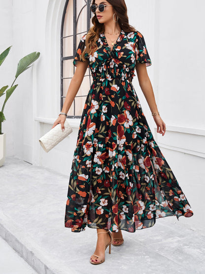 Floral Dresses- Floral V-Neck Midi Dress with Flared Sleeves & Smocked Waist- - IndioGear Fashion and Gear