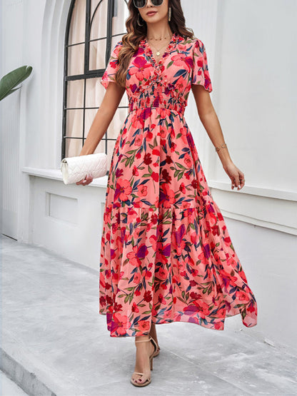 Floral Dresses- Floral V-Neck Midi Dress with Flared Sleeves & Smocked Waist- Pink- IndioGear Fashion and Gear