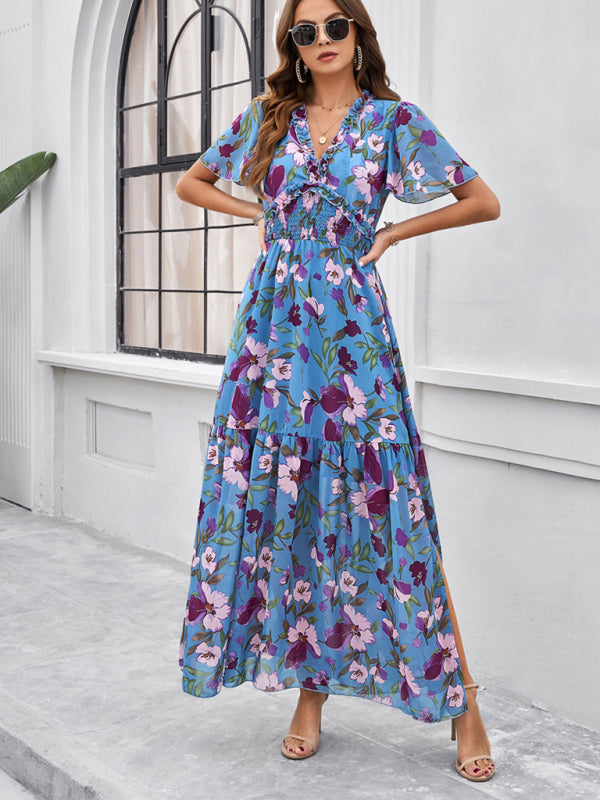 Floral Dresses- Floral V-Neck Midi Dress with Flared Sleeves & Smocked Waist- - IndioGear Fashion and Gear