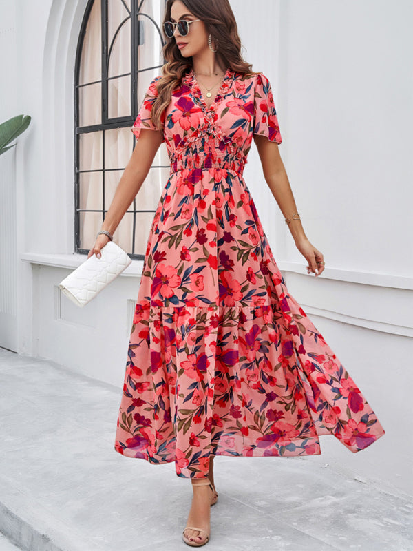 Floral Dresses- Floral V-Neck Midi Dress with Flared Sleeves & Smocked Waist- - IndioGear Fashion and Gear