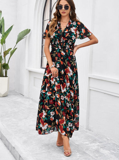 Floral Dresses- Floral V-Neck Midi Dress with Flared Sleeves & Smocked Waist- - IndioGear Fashion and Gear