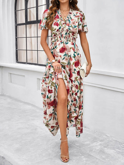 Floral Dresses- Floral V-Neck Midi Dress with Flared Sleeves & Smocked Waist- Cracker khaki- IndioGear Fashion and Gear