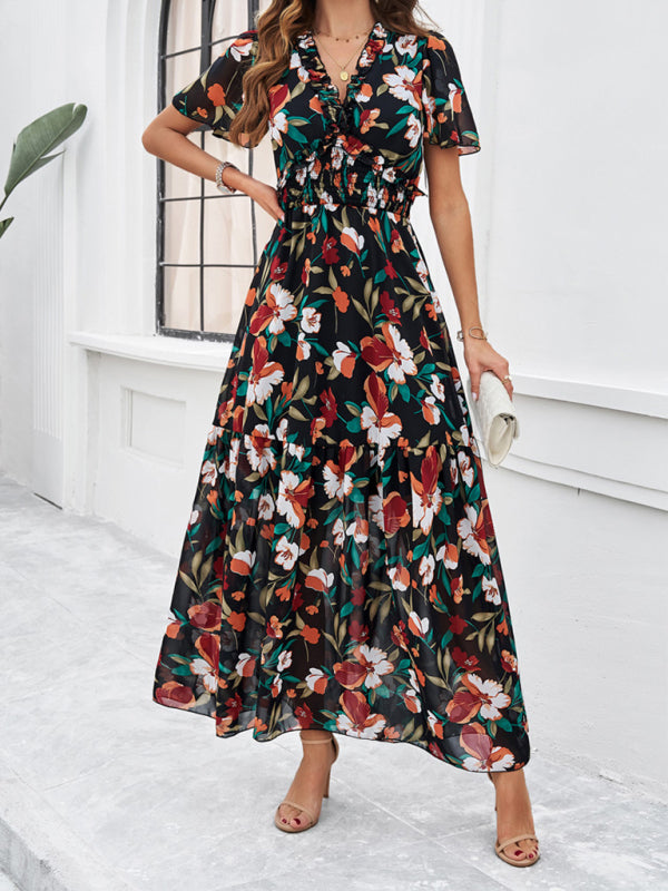 Floral Dresses- Floral V-Neck Midi Dress with Flared Sleeves & Smocked Waist- Black- IndioGear Fashion and Gear