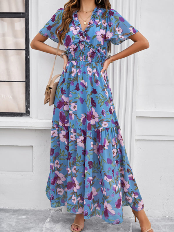 Floral Dresses- Floral V-Neck Midi Dress with Flared Sleeves & Smocked Waist- Purplish blue navy- IndioGear Fashion and Gear