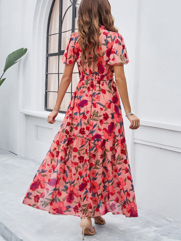 Floral Dresses- Floral V-Neck Midi Dress with Flared Sleeves & Smocked Waist- - IndioGear Fashion and Gear