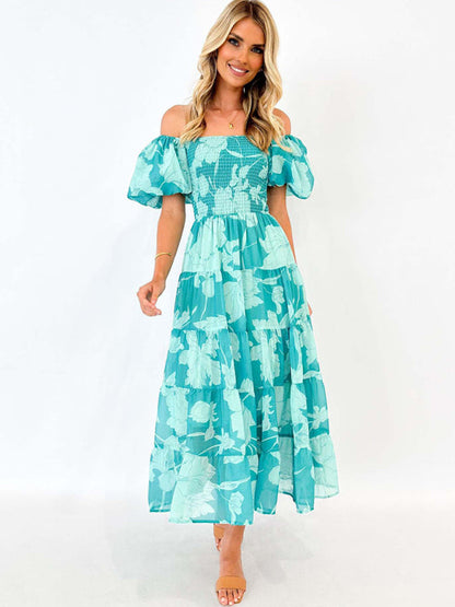 Floral Dresses- Flowing Boho Floral Off-Shoulder Midi Dress- - IndioGear Women Clothing