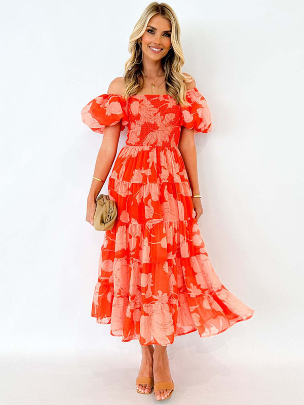 Floral Dresses- Flowing Boho Floral Off-Shoulder Midi Dress- - IndioGear Women Clothing