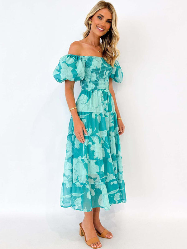 Floral Dresses- Flowing Boho Floral Off-Shoulder Midi Dress- - IndioGear Women Clothing