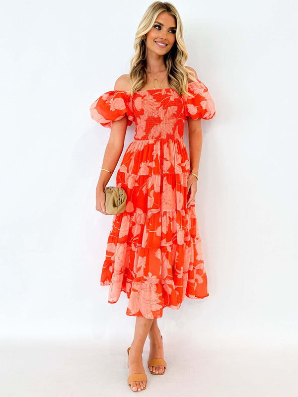 Floral Dresses- Flowing Boho Floral Off-Shoulder Midi Dress- - IndioGear Women Clothing