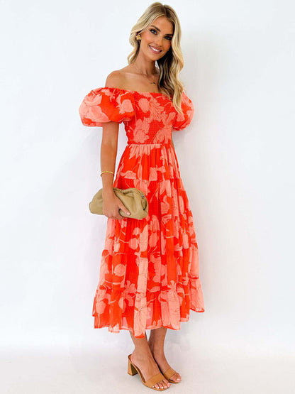 Floral Dresses- Flowing Boho Floral Off-Shoulder Midi Dress- - IndioGear Women Clothing