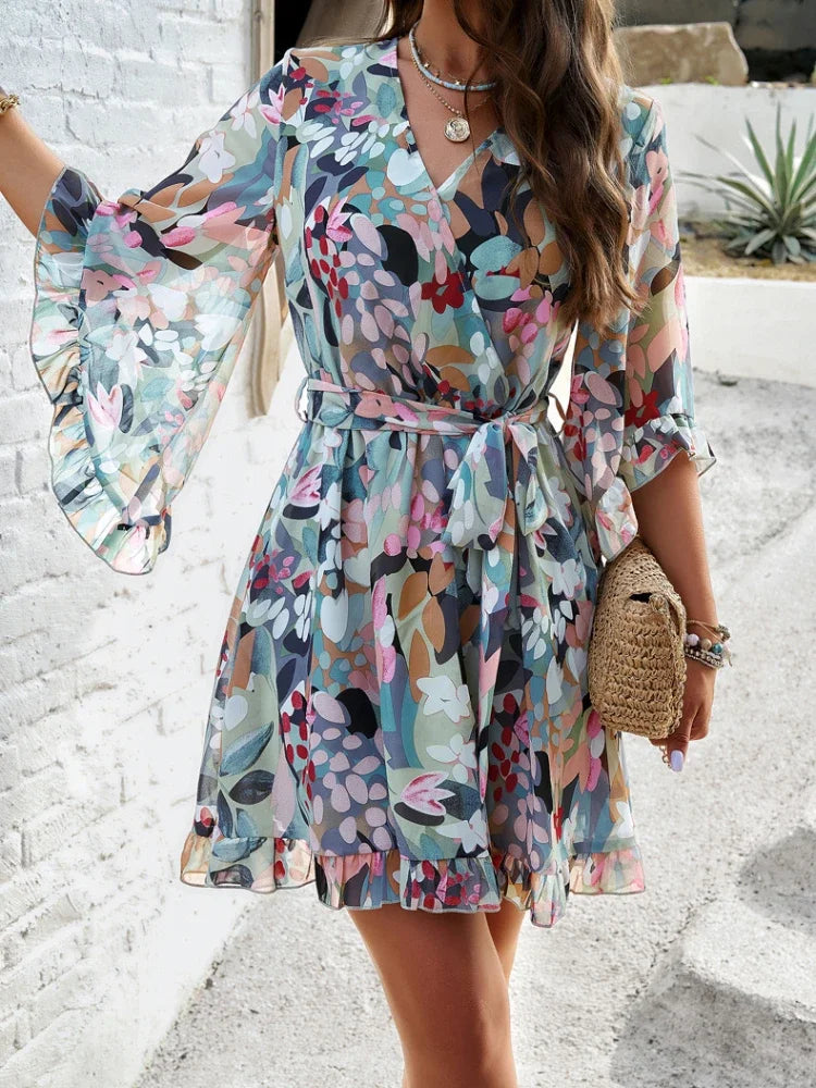 Floral Dresses- Women Vibrant Spring Floral Wrap Belted Dress- - IndioGear.com