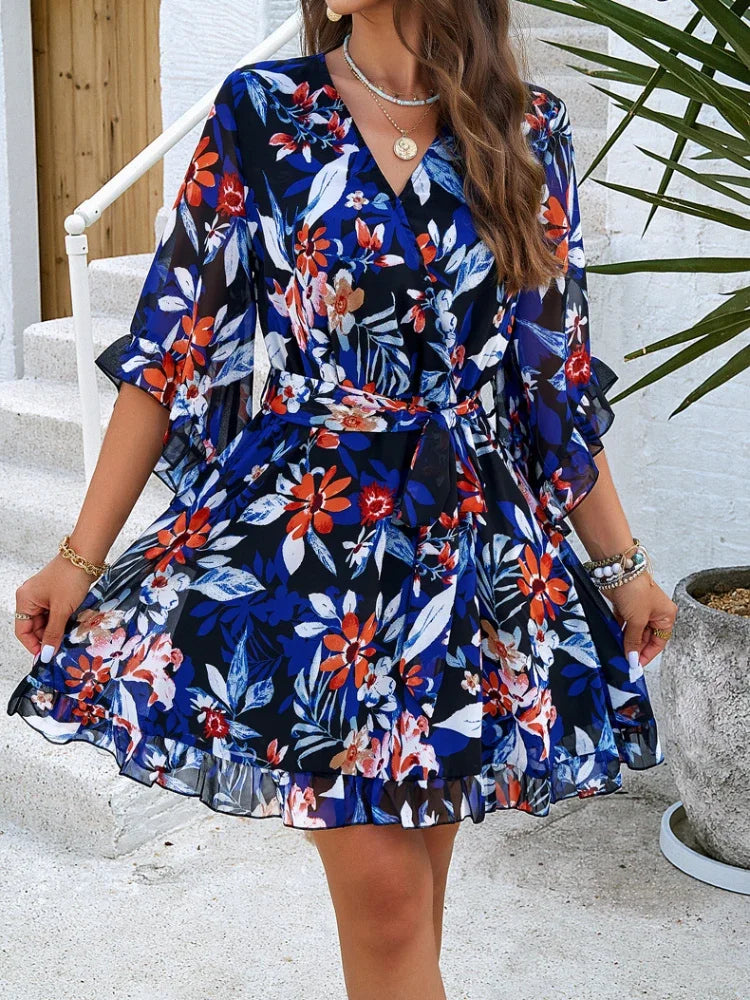 Floral Dresses- Women Vibrant Spring Floral Wrap Belted Dress- Black- IndioGear.com