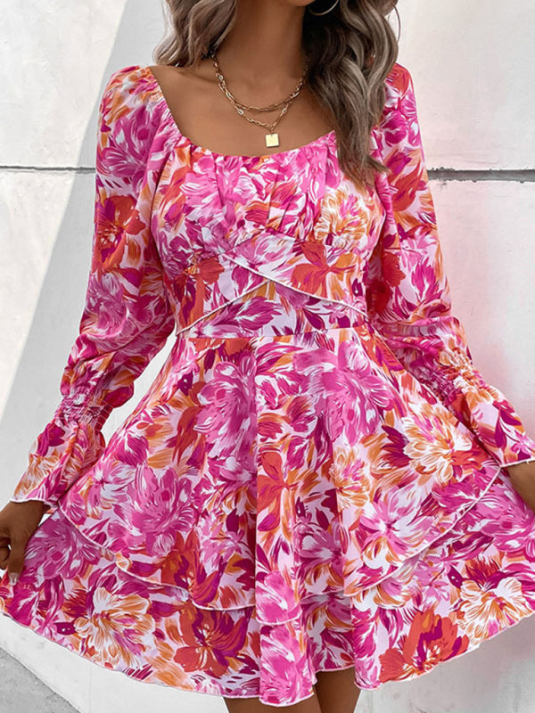 Floral Dresses- Women's Floral A-Line Mini Dress with Romantic Layers- Pink- IndioGear Fashion and Gear