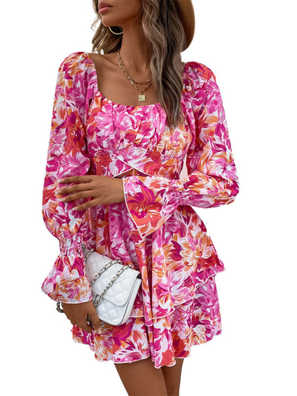 Floral Dresses- Women's Floral A-Line Mini Dress with Romantic Layers- - IndioGear Fashion and Gear