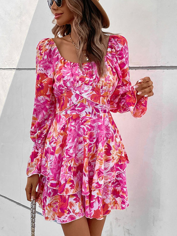 Floral Dresses- Women's Floral A-Line Mini Dress with Romantic Layers- - IndioGear Fashion and Gear