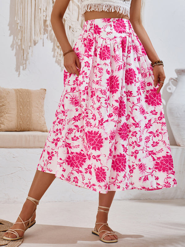 Floral Skirts- Women's Wide Waistband A-Line Skirt in Florals- - IndioGear.com