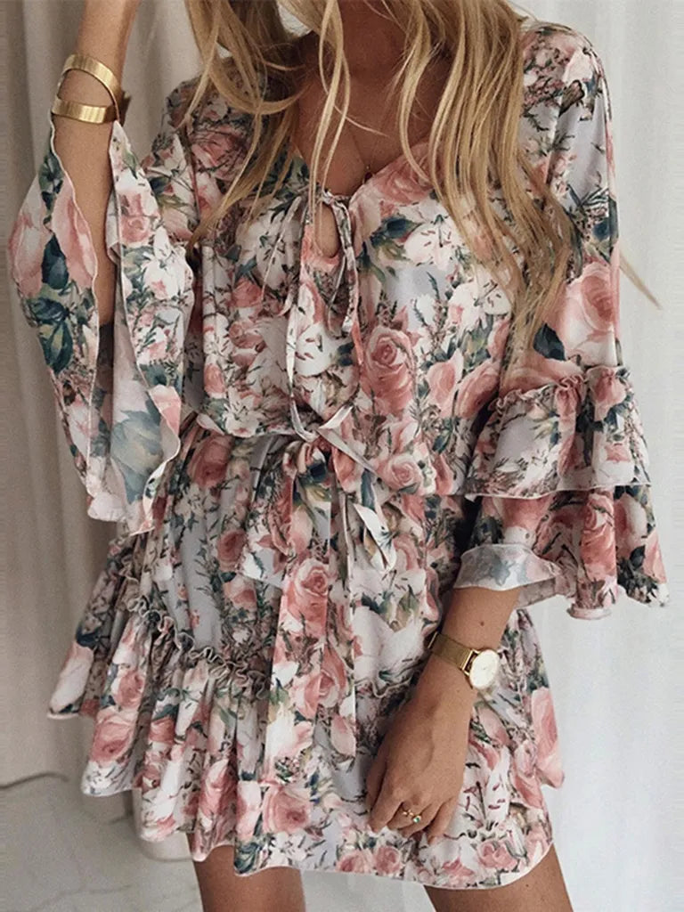 Floral Chiffon Blouson Tiered Ruffle Mini Dress