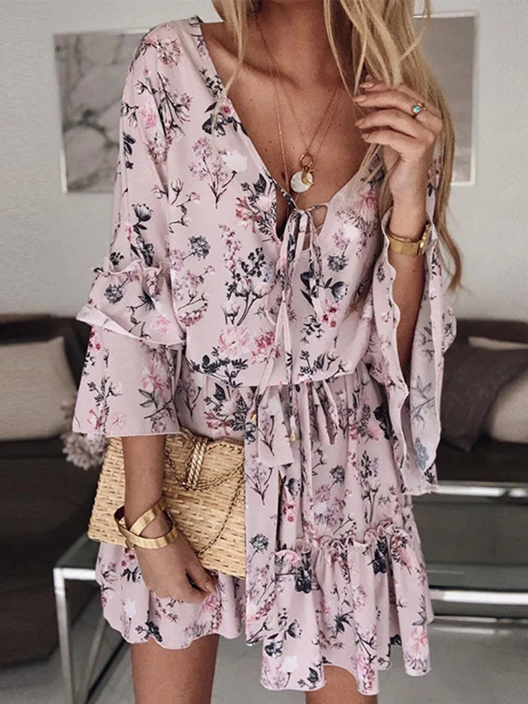 Floral Chiffon Blouson Tiered Ruffle Mini Dress