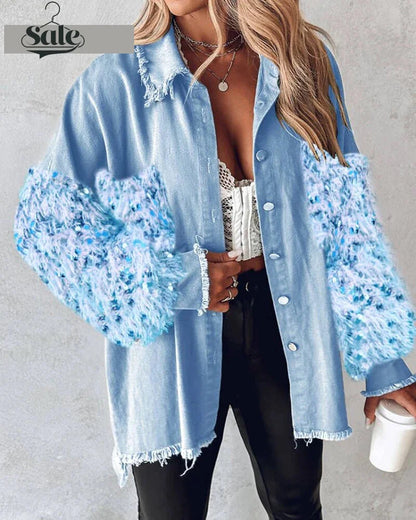 - Fuzzy Tassel Patchwork Denim Distressed Jackets- Sky Blue- IndioGear.com