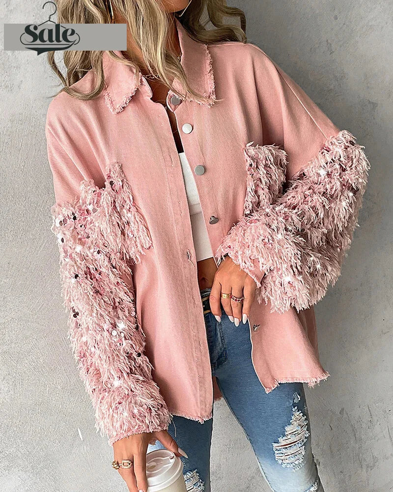 - Fuzzy Tassel Patchwork Denim Distressed Jackets- Pink- IndioGear.com