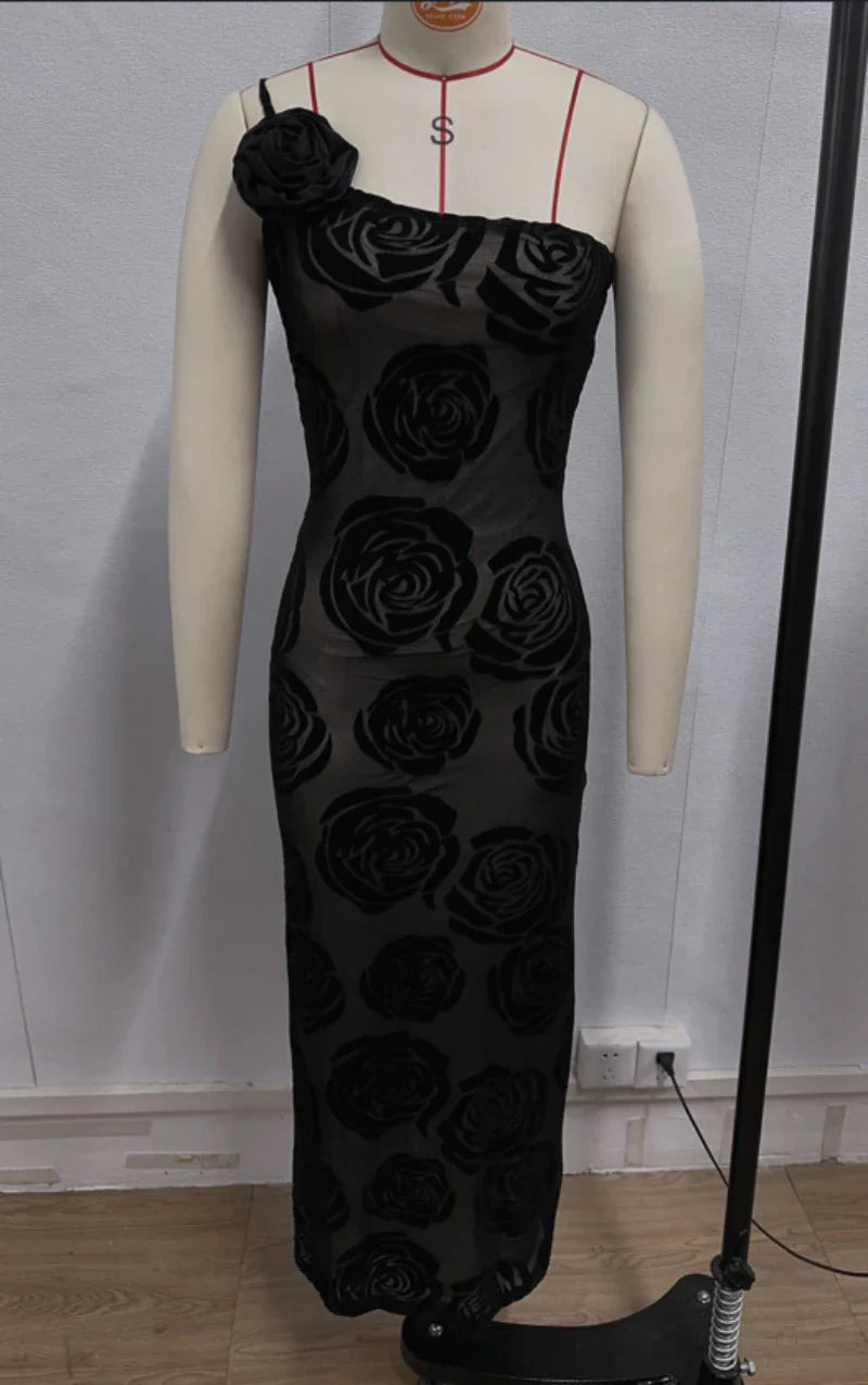 Gala Dresses- Formal Black Rose Detail Maxi Dress