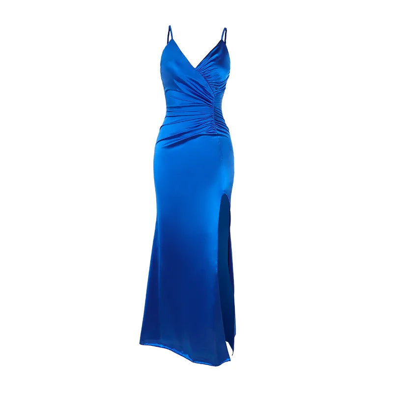 Gala Dresses- Ruched Bust Gala Bodycon Maxi Dress with Spaghetti Straps- - IndioGear Women Clothing